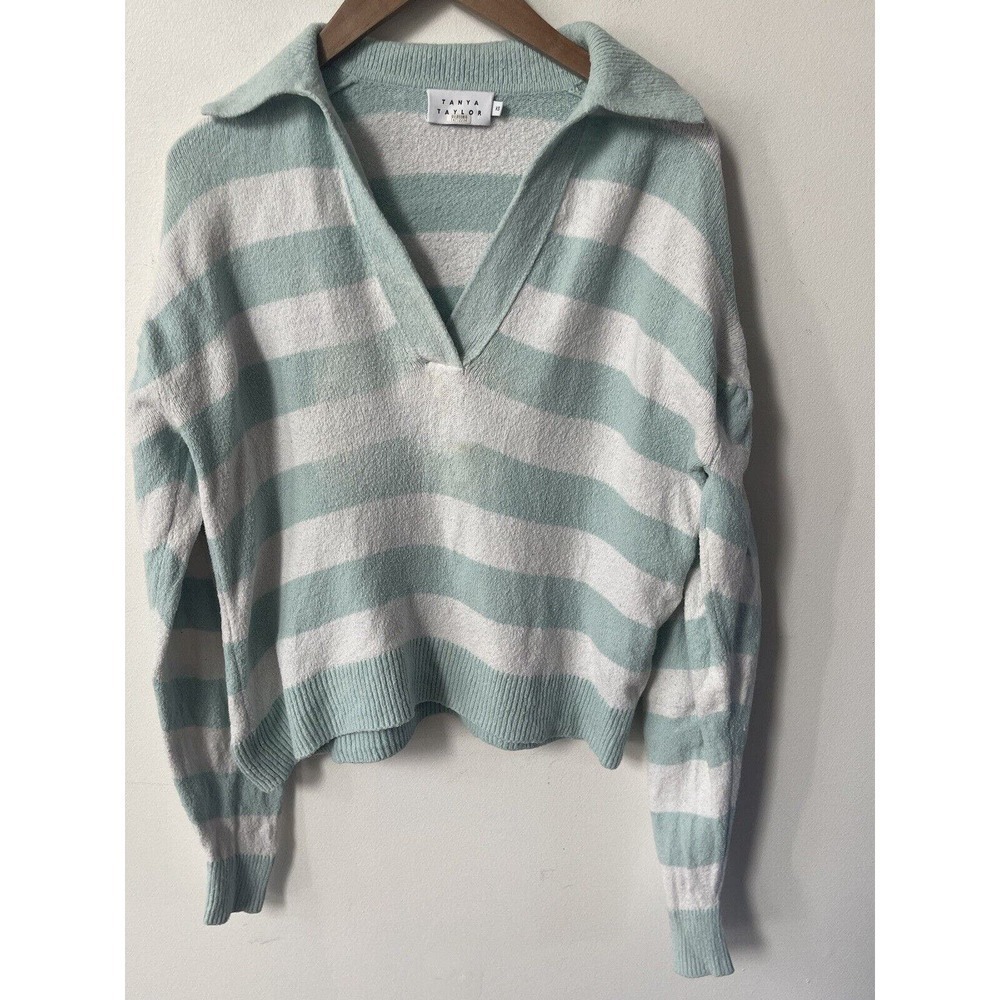 TANYA TAYLOR Maisie V Neck Collared Striped Sweater Drop Shoulder XS Light Blue
